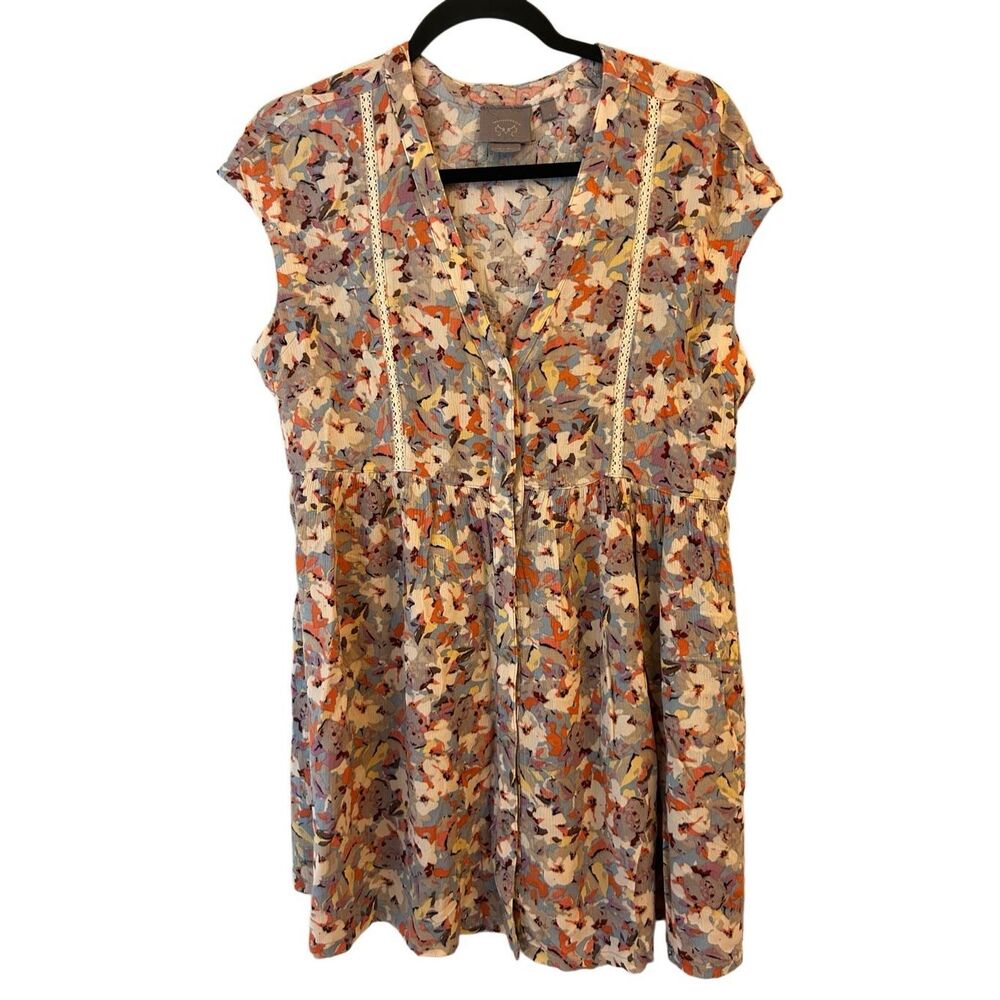 Vanessa Virginia Boho Floral Mini Dress / Tunic size S cap sleeves layer cottage